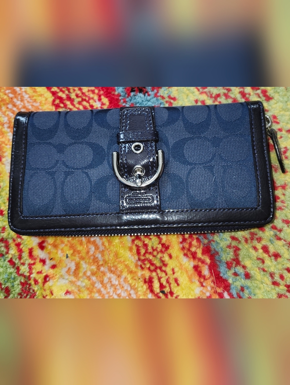 Coach Navy Signature Canvas Clutch Zip Wallet with Silver Buckle